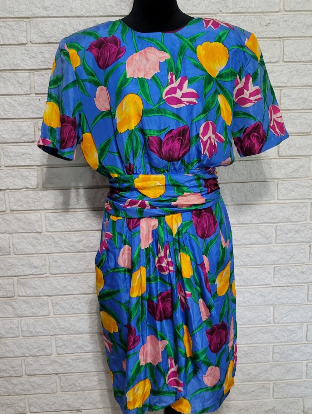 Vtg Caroline Wells Sz 14 Silk Midi Dress Vibrant Tulip Floral Print Draped 1980s